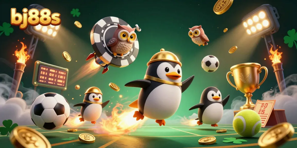 Bet on bj88s and win with the golden penguin and casino motifs in this dynamic illustration.