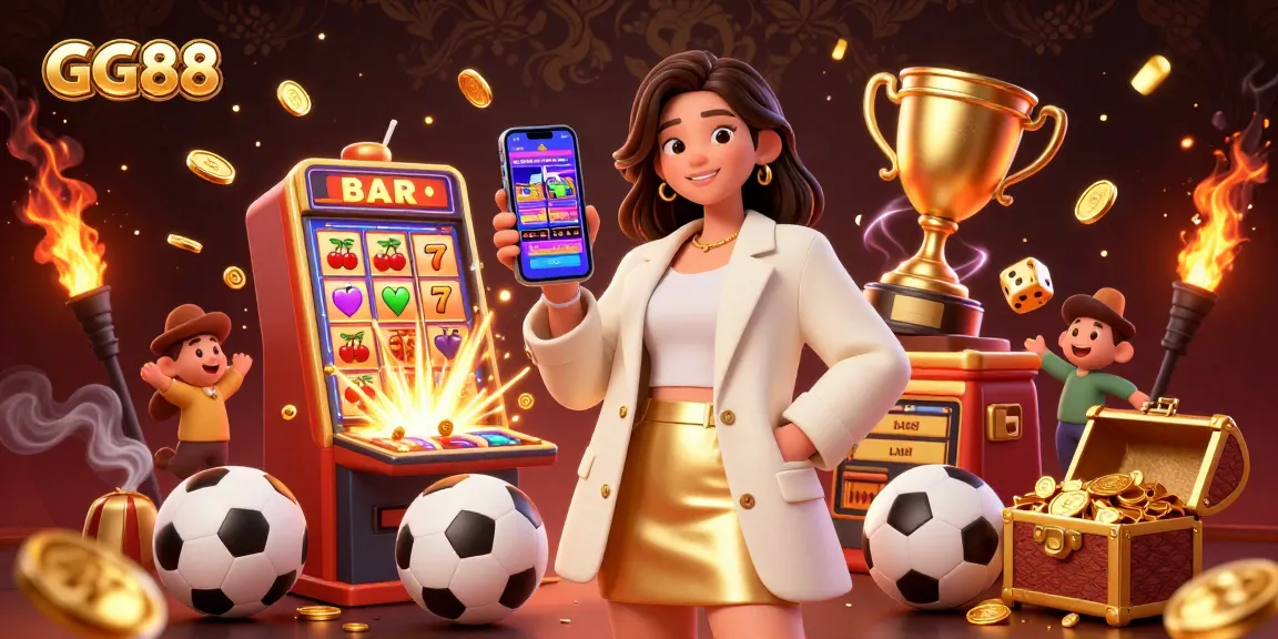 Experience the thrill of GG88 with a stylish Asian woman showcasing a sports betting app amidst a vibrant casino atmosphere.