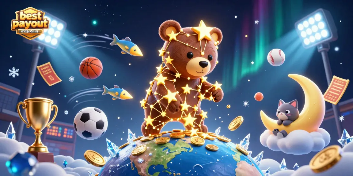 Experience the excitement of best payout casinos online with a captivating 3D illustration featuring a constellation bear, sports elements, and dazzling cosmic effects.