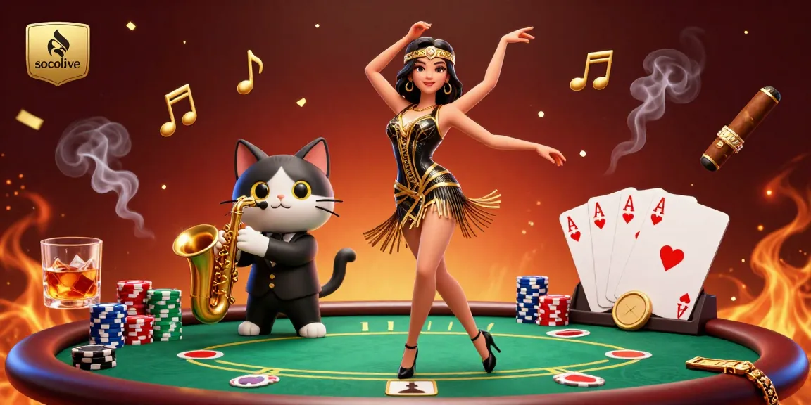 Socolive offers immersive gambling experiences through dancing figures and vibrant poker elements, captivating viewers.