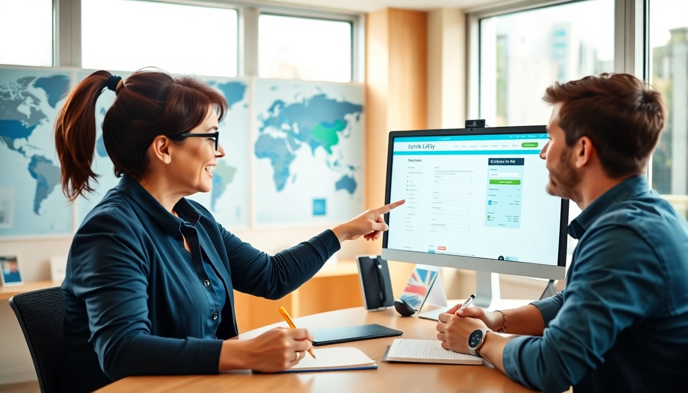 Travel agent guiding a client through the eta uk application form process in an inviting office.