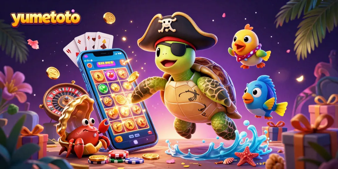 Experience the excitement of yumetoto with vivid casino action, showcasing a pirate turtle, treasure, and gaming elements.
