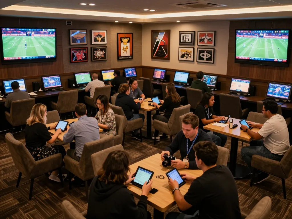 Bsport patrons actively placing bets in a modern sports betting lounge, engaging with live events on screens.