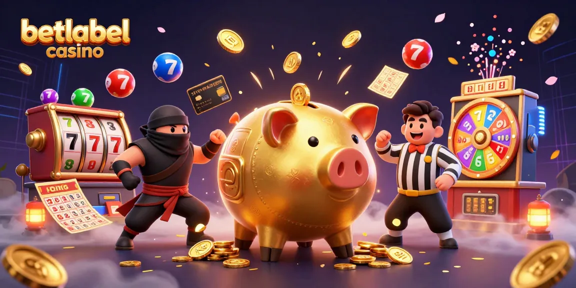 Engage in thrilling wins at betlabel casino with golden piggy bank sumo wrestler and vibrant gambling elements.