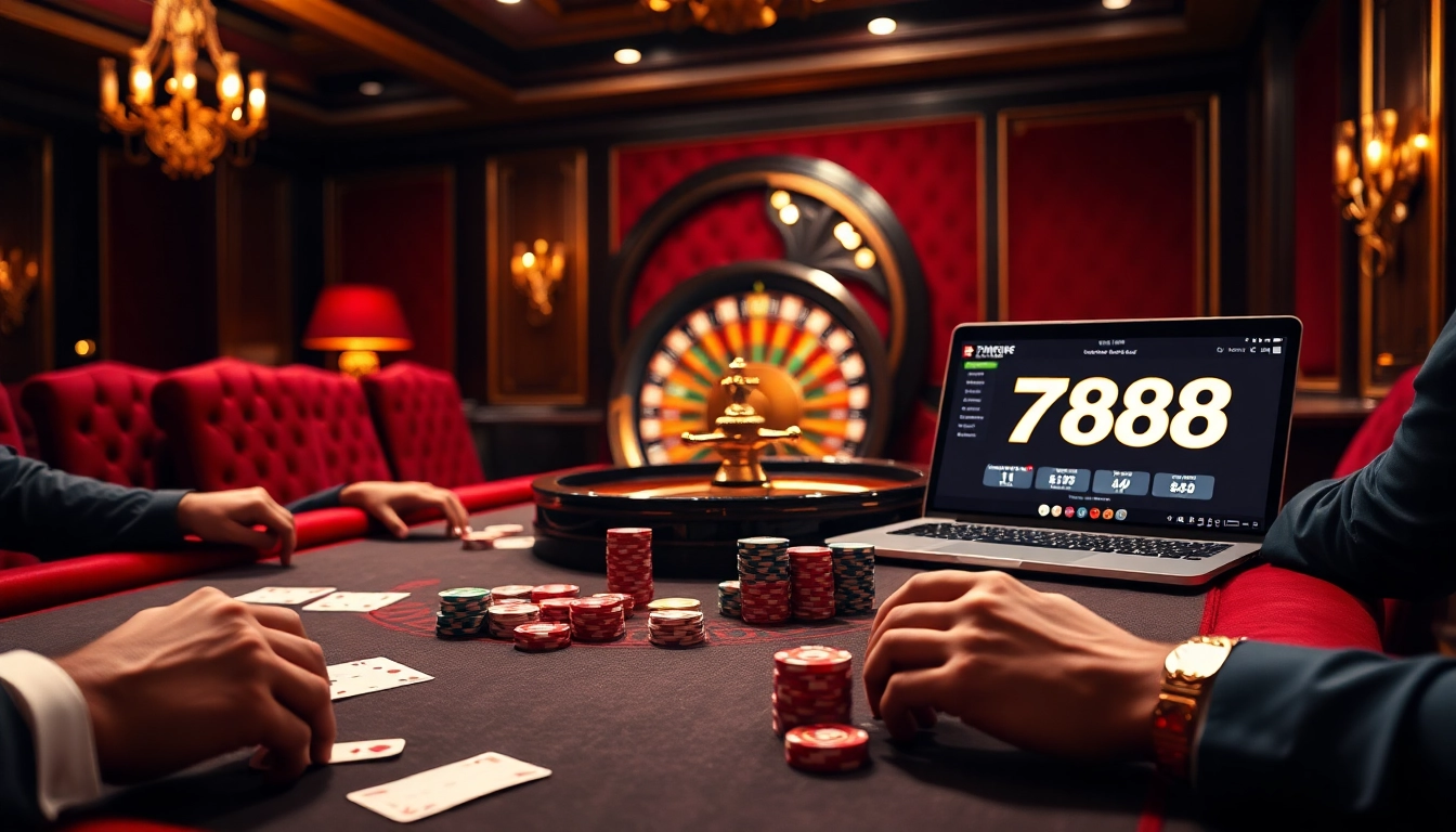 A thrilling poker game at 789f.com with luxurious tables and vibrant poker chips.
