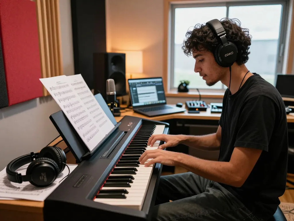 Musician passionately playing the Roland GO 88 digital piano in a vibrant home studio.