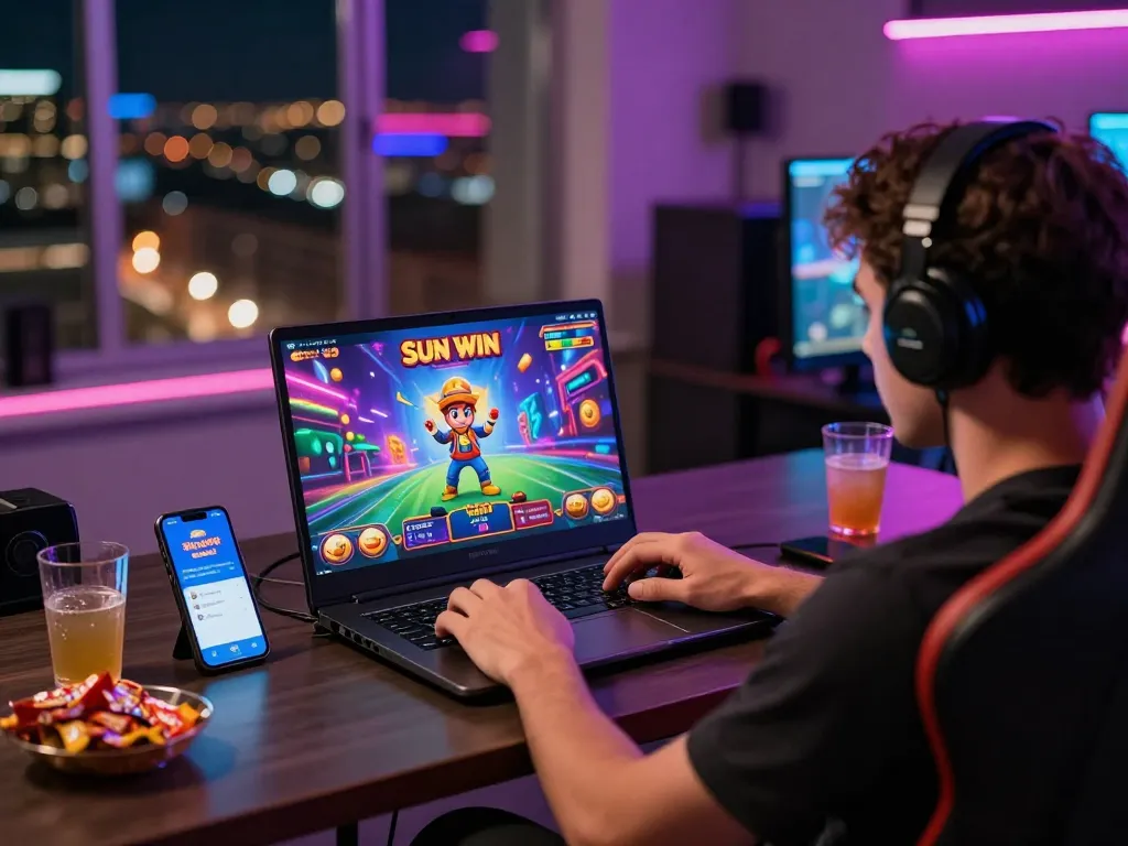 Engaging gaming experience while tải sun win app on laptop, vibrant graphics and city lights enhancing the atmosphere.