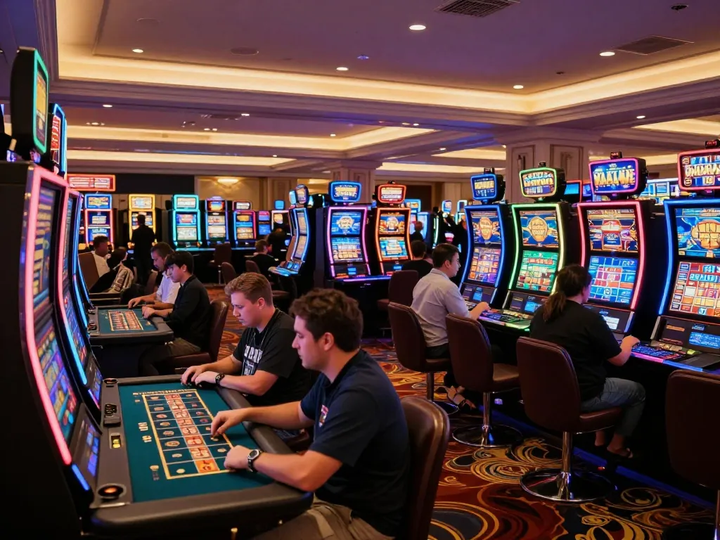 Experience HELLO88 in a vibrant casino with players celebrating a jackpot win amidst lively gaming tables.