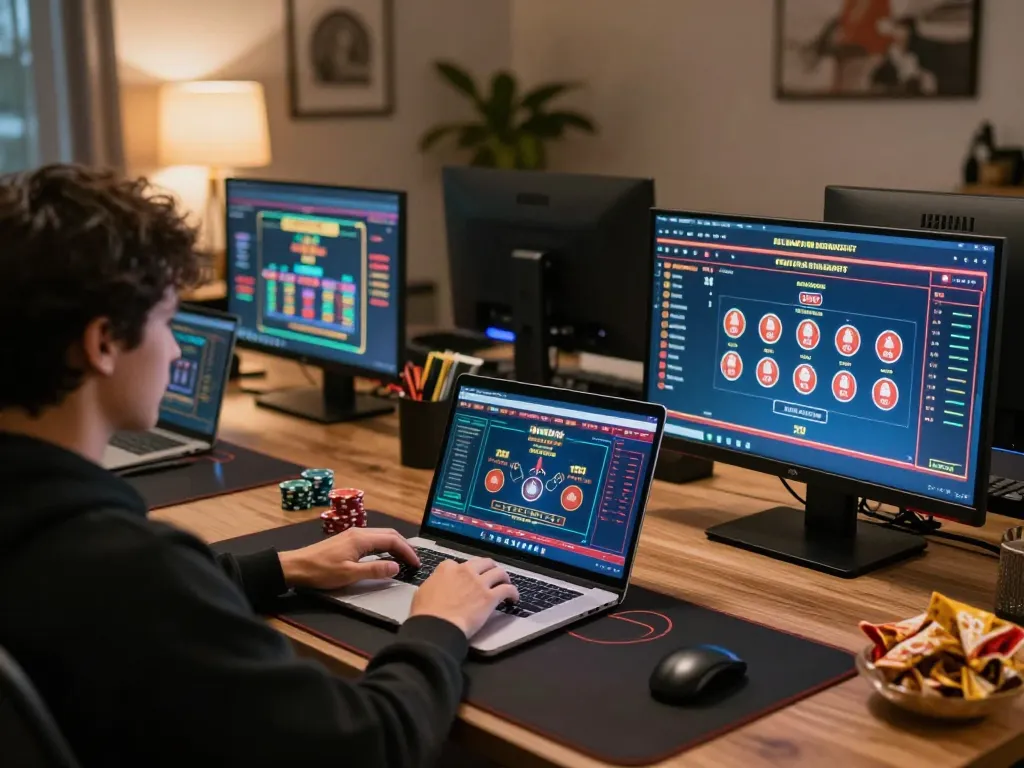 Engaging in online poker gameplay at trang chủ F168 with a modern gaming setup and strategic focus