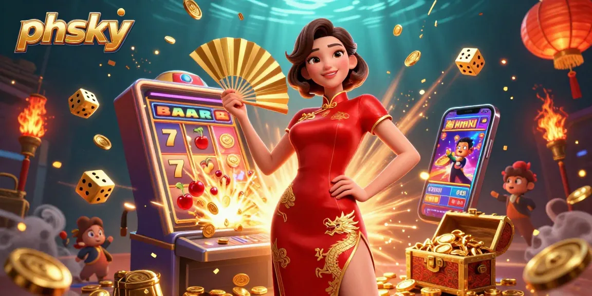 PHSKY immersive experience featuring a joyful Asian woman amidst a jackpot explosion, with dynamic 3D casino elements.