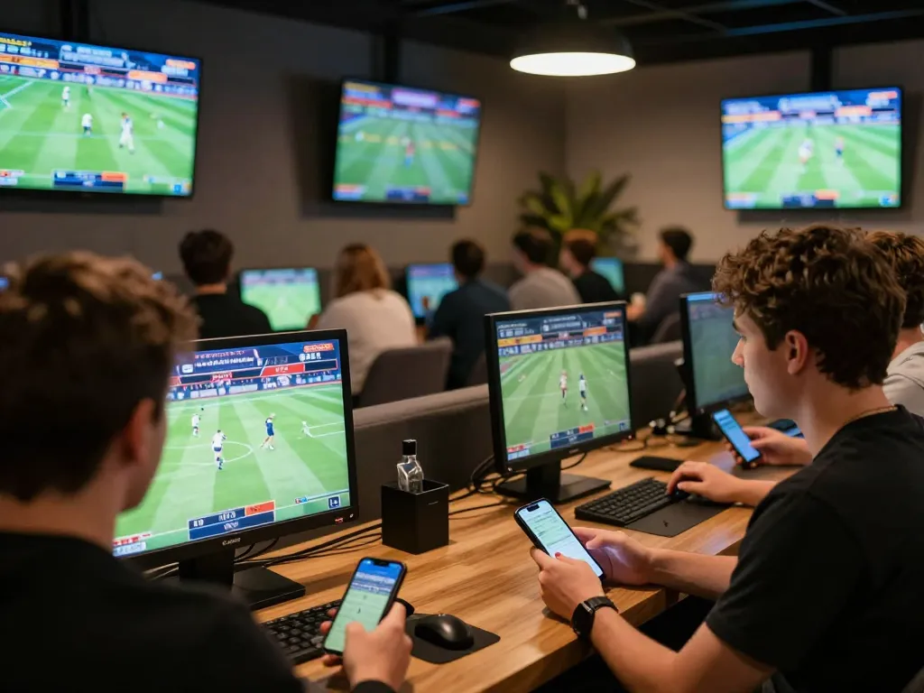Engaged sports bettors at https://da88.navy/ using smartphones to place wagers in a stylish indoor setting.