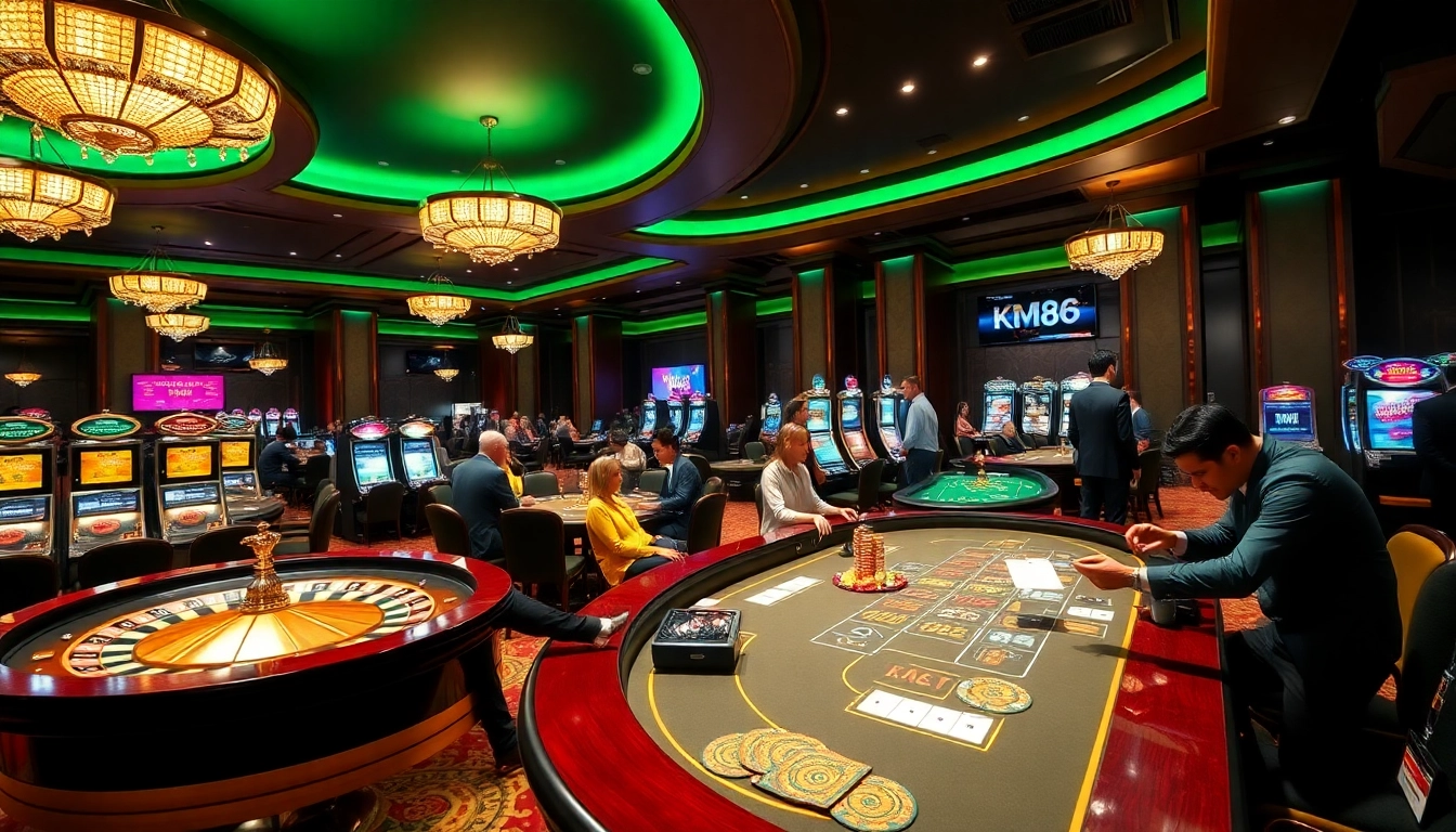 Experience thrilling KM88 casino gaming with vibrant tables, engaging players, and luxury decor.