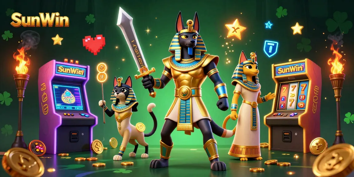 Engage in thrilling slot action at SunWin with a vibrant casino scene featuring Anubis and Bastet.