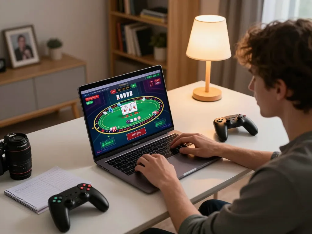Engaging with nhà cái C168 at an online poker game on a laptop during a cozy home gaming session.
