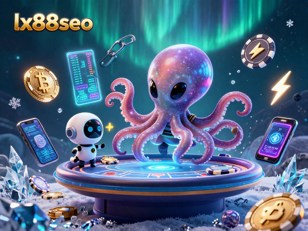 Join the excitement of lx88seo with an alien octopus at a holographic poker table, surrounded by cosmic elements.