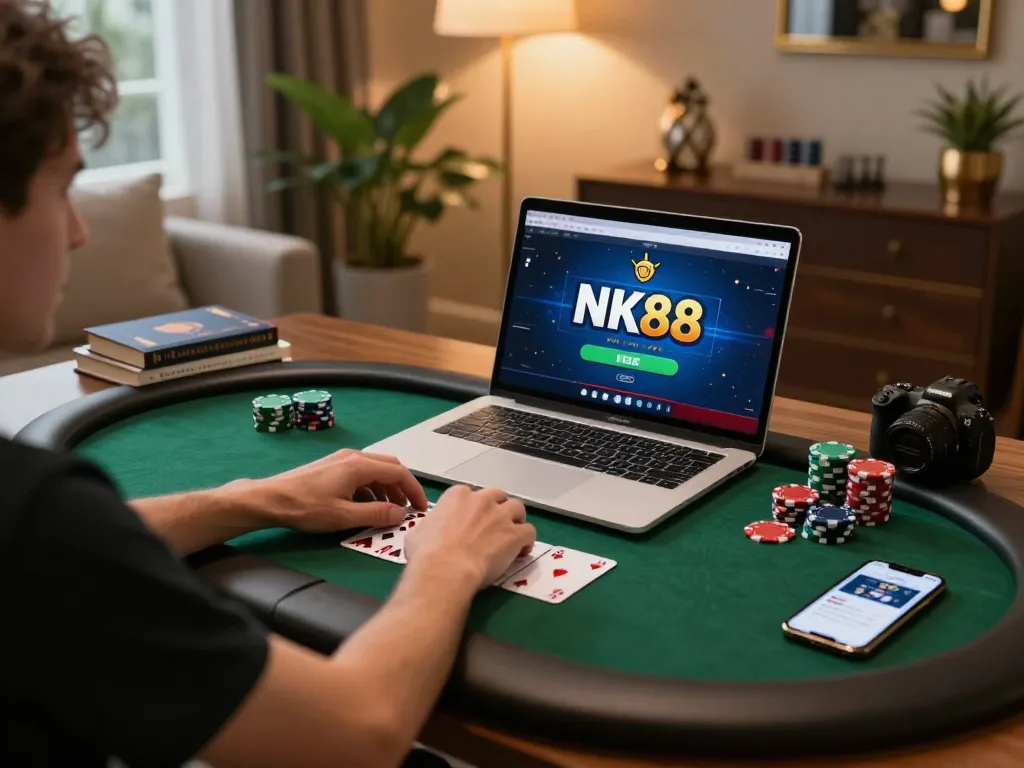 Engaging in intense gameplay on NK88.com while strategizing poker hands at home.