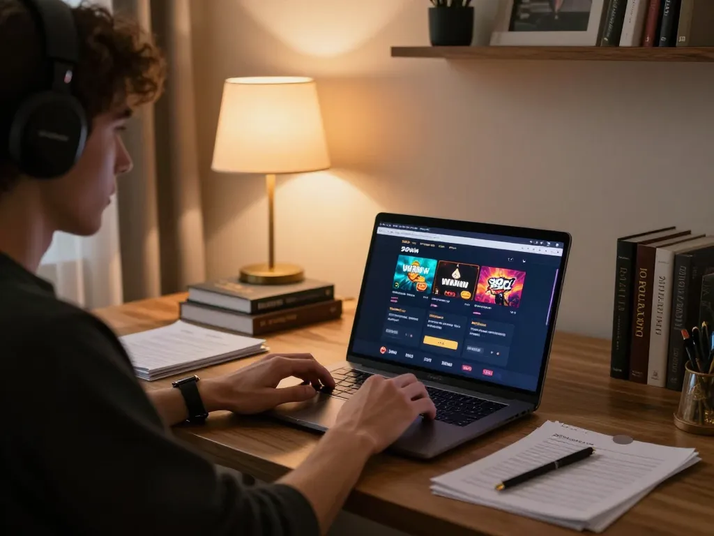Player enjoying 98win online casino gaming in a stylish home office with strategic notes