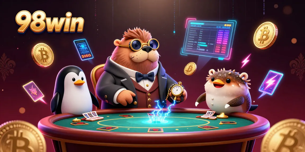 Engage in thrilling poker games with 98win’s virtual characters, showcasing fun underwater play.