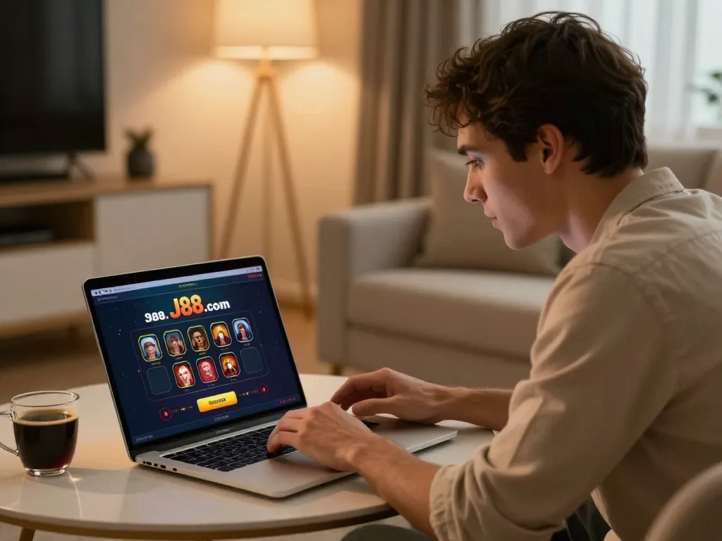 Player using J88.com app for online casino gaming in a cozy, stylish home setting.