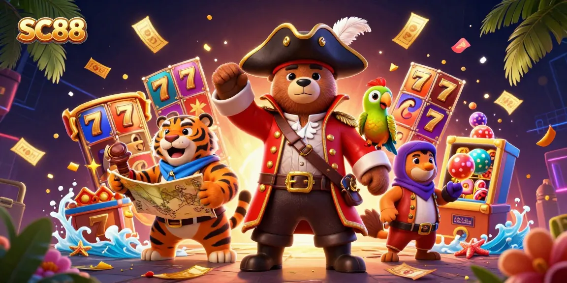Join the SC88 adventure with a pirate bear, tiger, and parrot amidst vibrant slot reels and golden tickets!