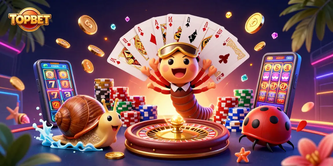 Join the excitement at TOPBET with a lively casino scene filled with unique characters and gaming elements.