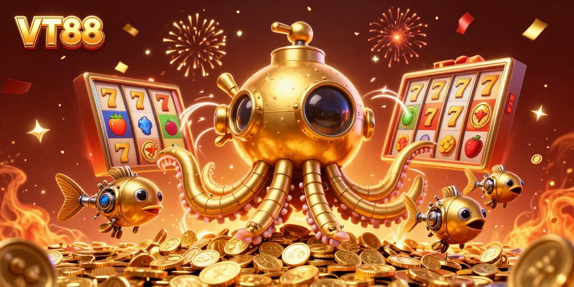 Engage with VT88 in a vibrant casino scene full of gold coins and slot game elements.