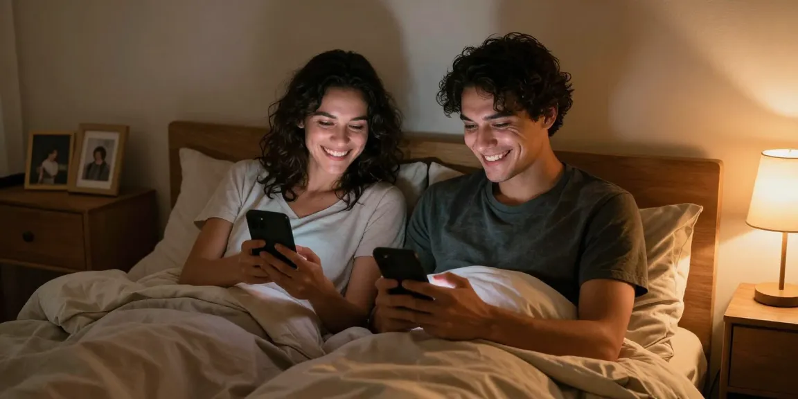 Couple engaging in sexting ai in cozy bedroom, sharing playful intimacy through smartphones.