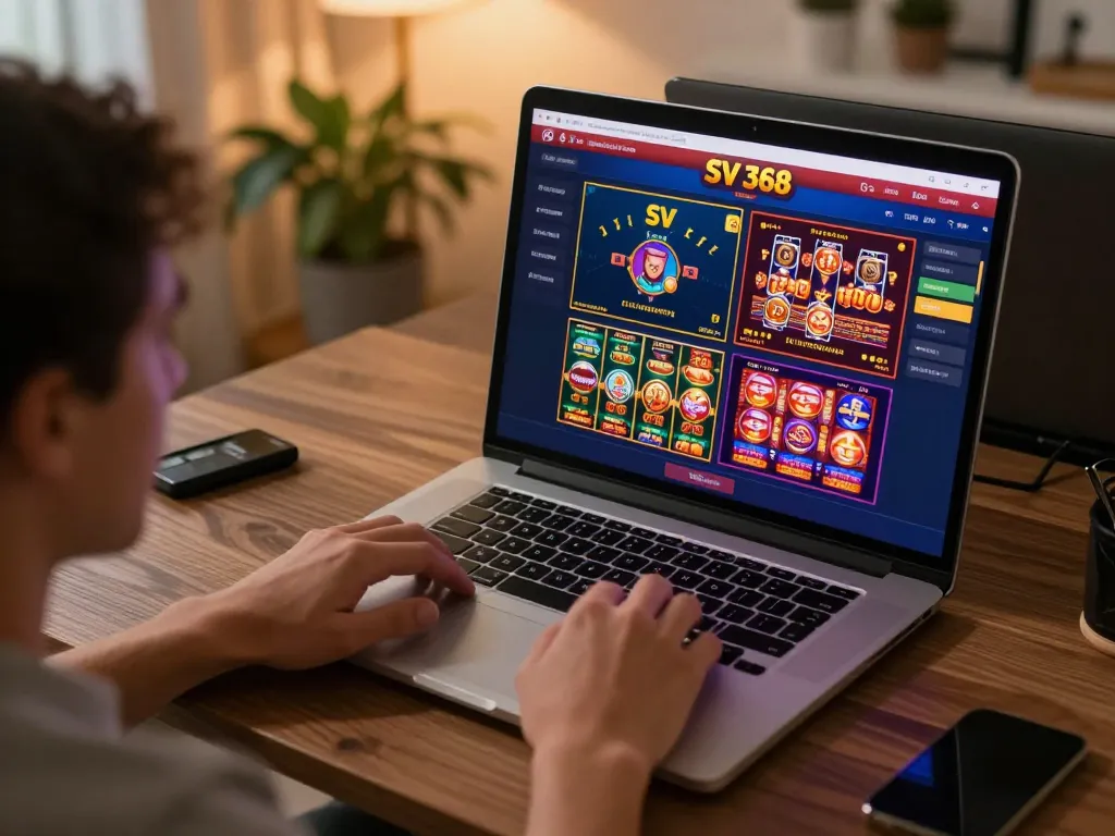 Engaged player using SV 368 online casino platform at home to enhance gaming strategies.