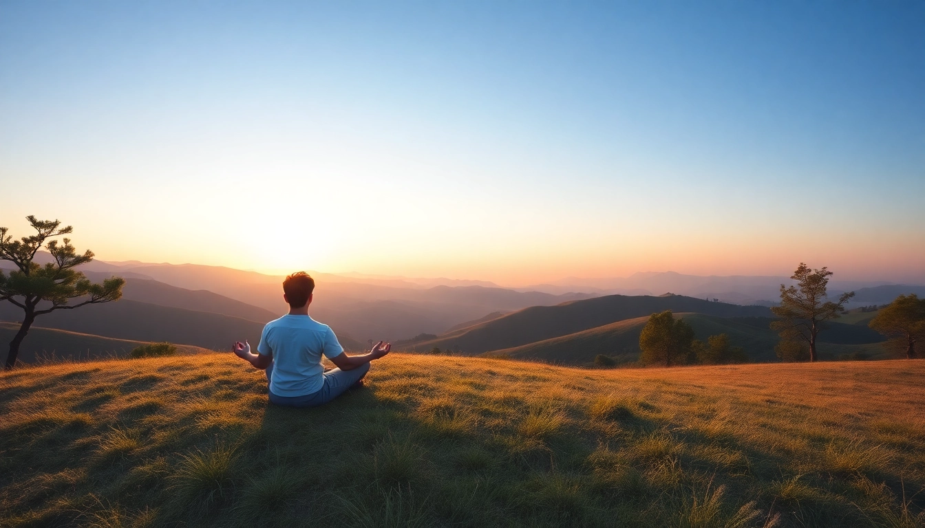 Overcoming stress and anxiety through meditation in a peaceful landscape.