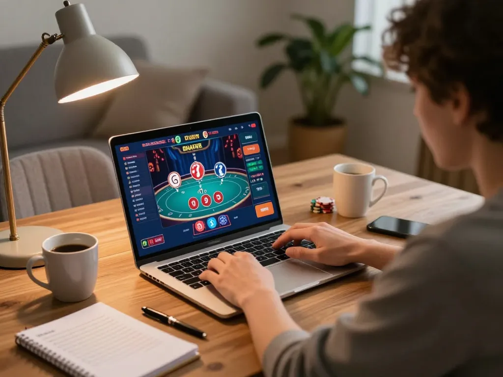 Player engaging with net88 on a laptop, showcasing responsible online gambling strategy.