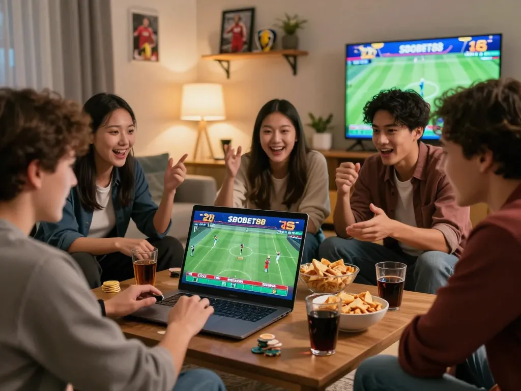 SBOBET88 online betting excitement with friends enjoying a live sports match.
