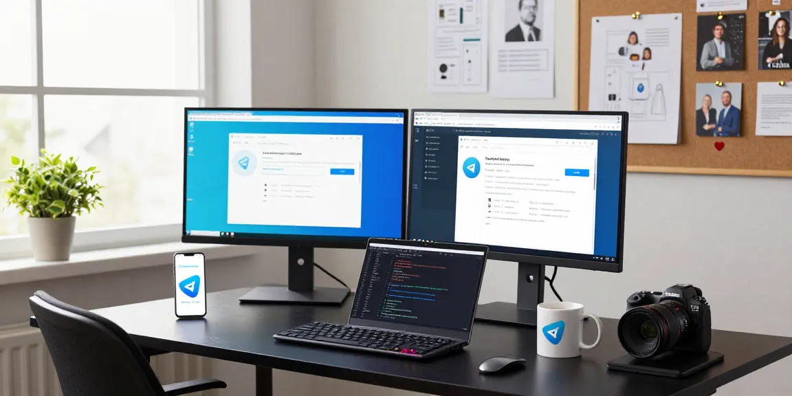 Developer using Telegram Web Version on dual monitors in a modern workspace.