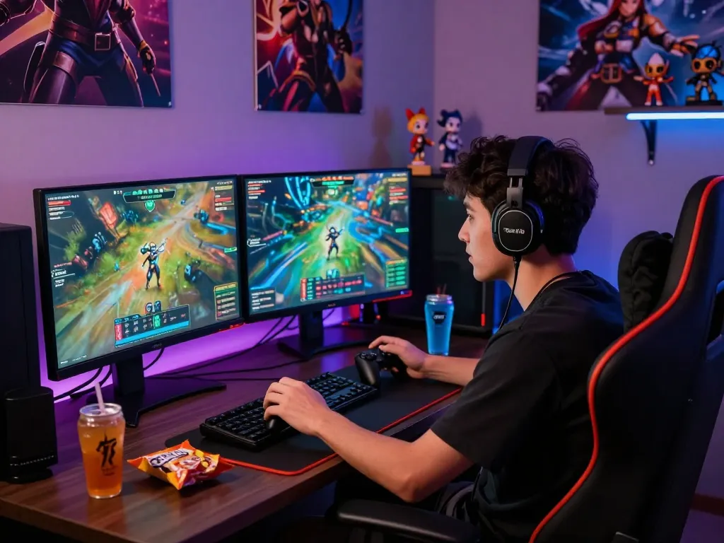 Enthusiastic player engaged in Rik Vip online gaming with vibrant graphics, snacks, and gaming decor.