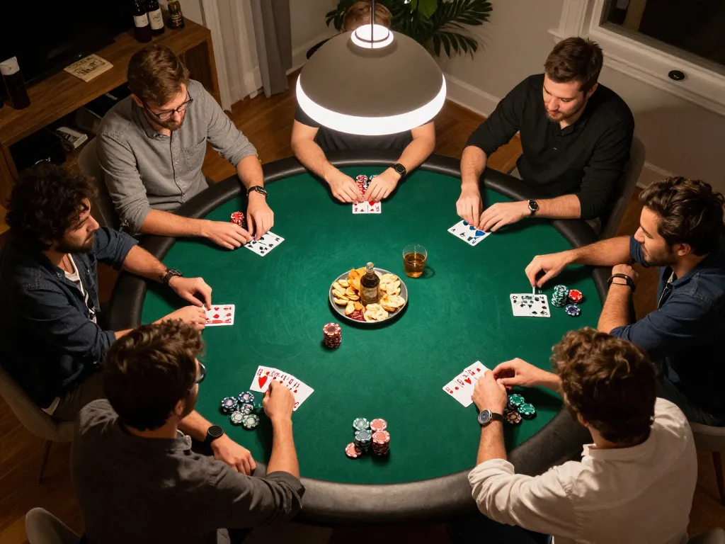 Pushing the thrill of tubidy mp3 downloads while players strategize in a lively poker game at home.
