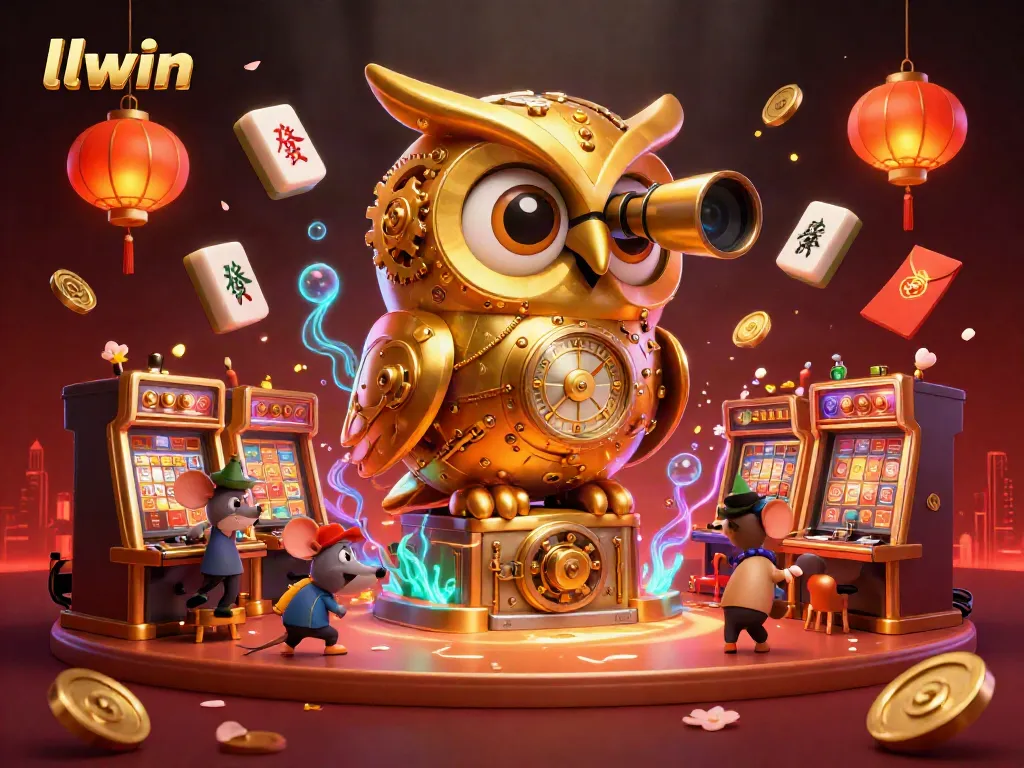 Experience the thrilling casino atmosphere with llwin, featuring a clockwork owl and vibrant gaming elements.