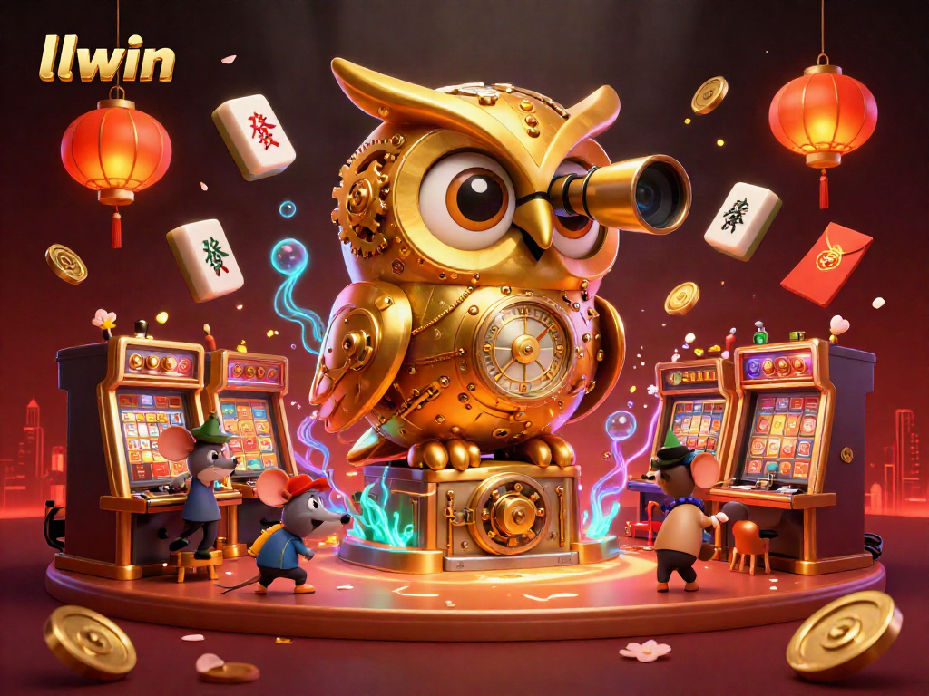 Experience the thrilling casino atmosphere with llwin, featuring a clockwork owl and vibrant gaming elements.