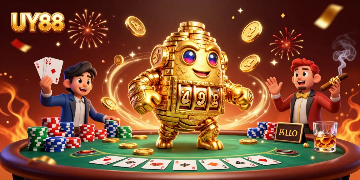 Experience gaming excitement with UY88's golden golem and vibrant poker action.