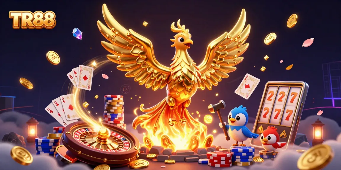 Experience the thrills of TR88 with golden phoenixes, coins, and vibrant casino elements.