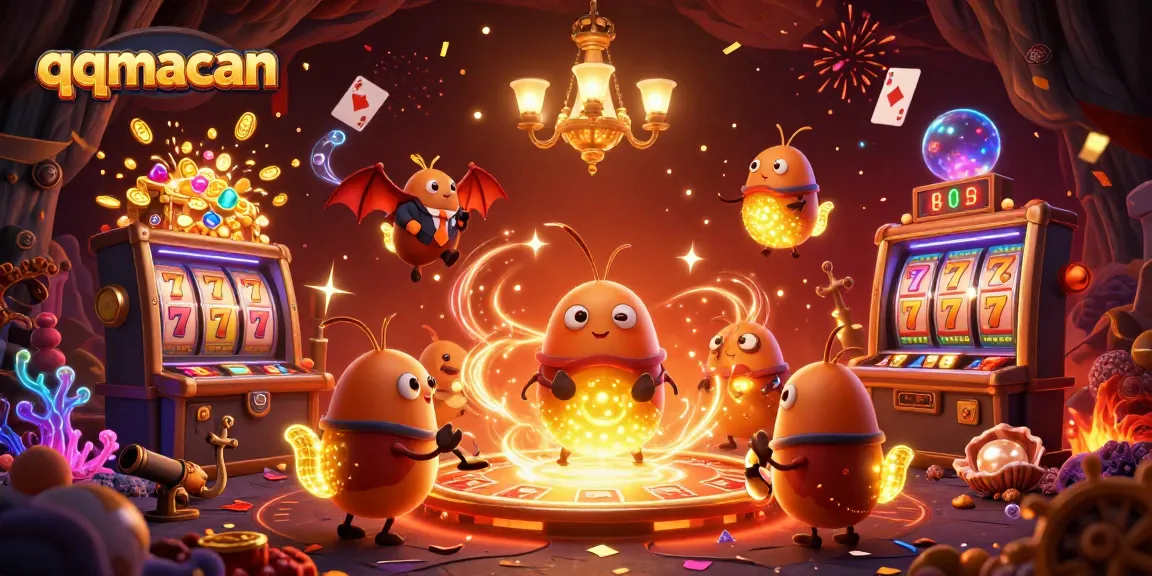 Engage with qqmacan in an ultra-detailed 3D casino scene filled with vibrant slot action.