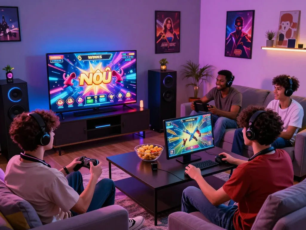 Friends enjoying game nổ hũ together in a vibrant living room, showcasing excitement and gaming spirit.