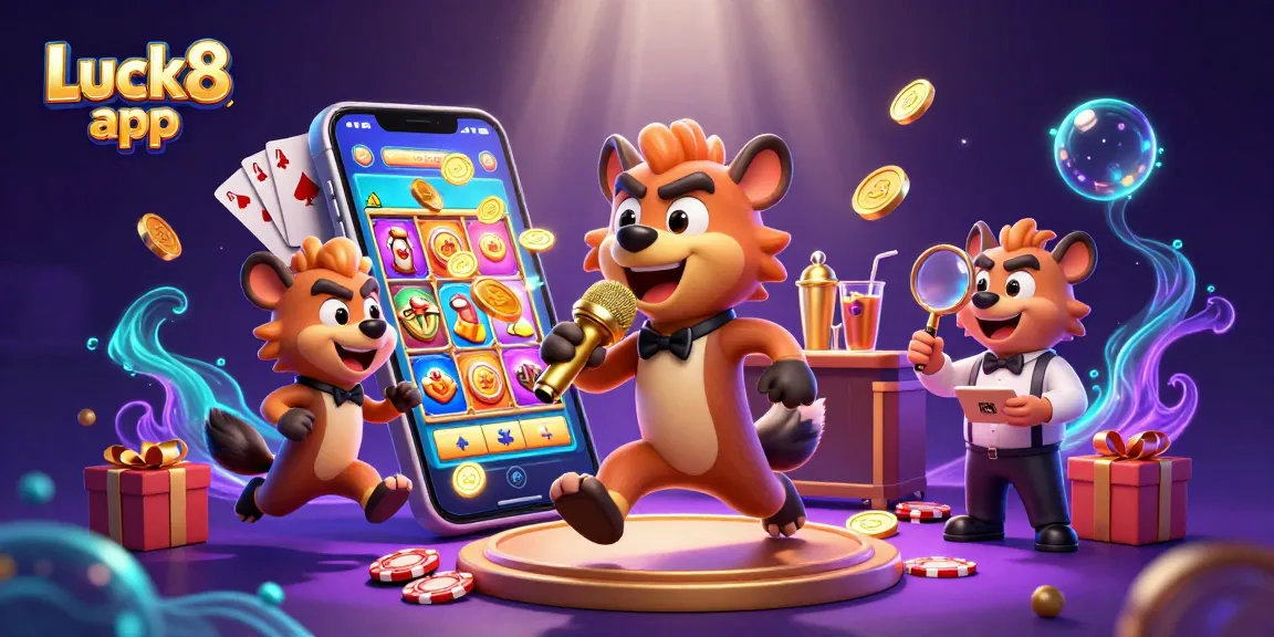 Experience the Luck8 app with a vibrant casino scene featuring hyenas enjoying games and excitement.