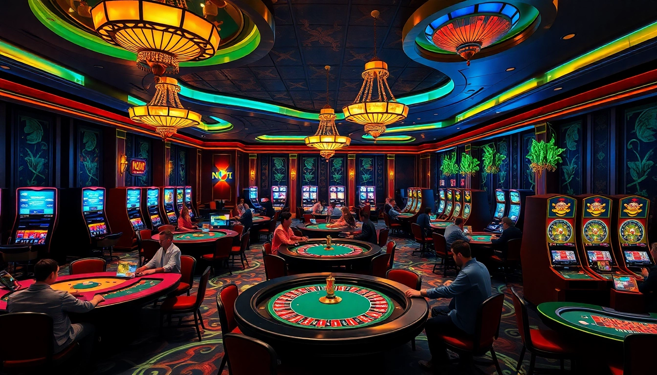 Experience the thrill of gambling in a luxurious casino featuring nohu-inspired decor and vibrant gaming tables.