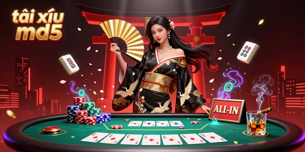 Engage in the vibrant world of tài xỉu md5 with a captivating scene of poker elements, gambling excitement, and cultural elegance.