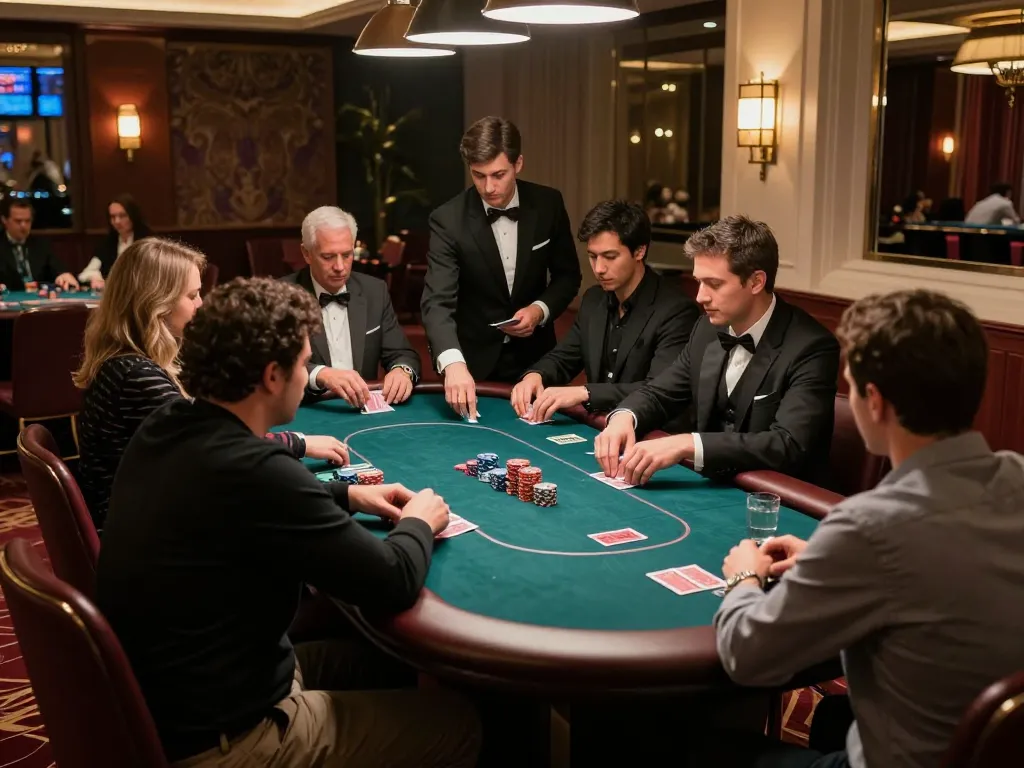 88vv poker players strategizing in an upscale casino VIP area, enhancing the high-stakes atmosphere.