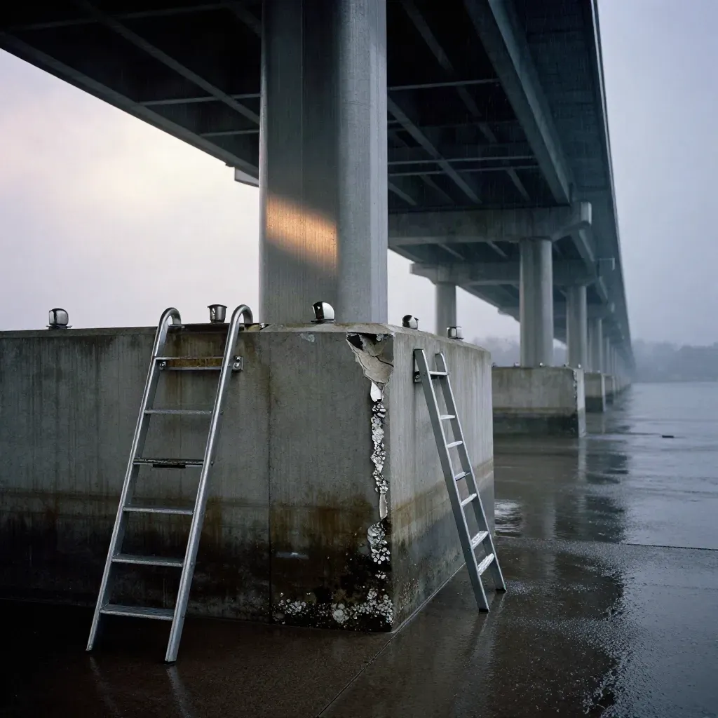 Pila di ponte in cemento fessurata con ancoraggi retrofit e scala d’ispezione sotto la pioggia