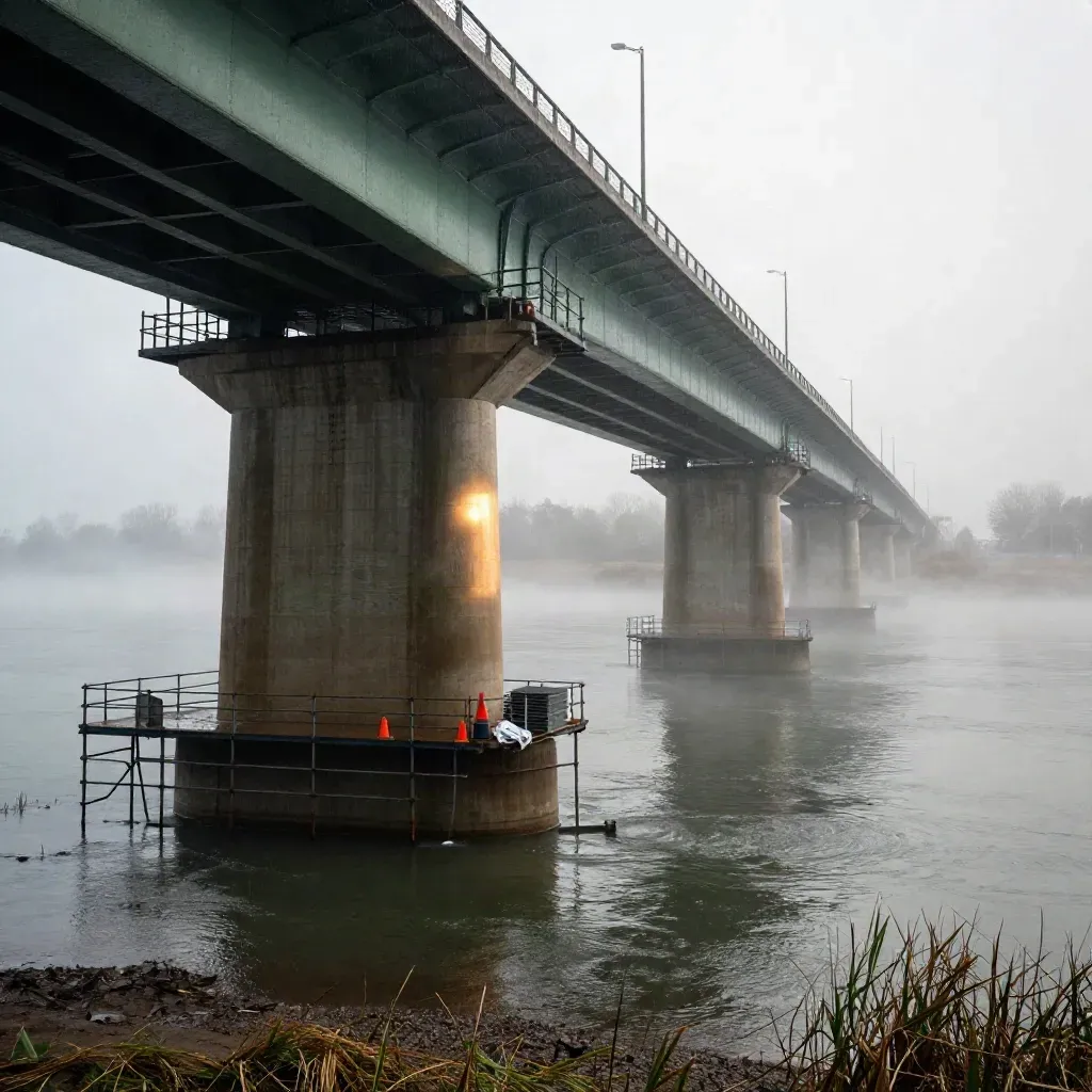 Pila di ponte in calcestruzzo con ponteggi bagnati, coni arancioni e nebbia all’alba.