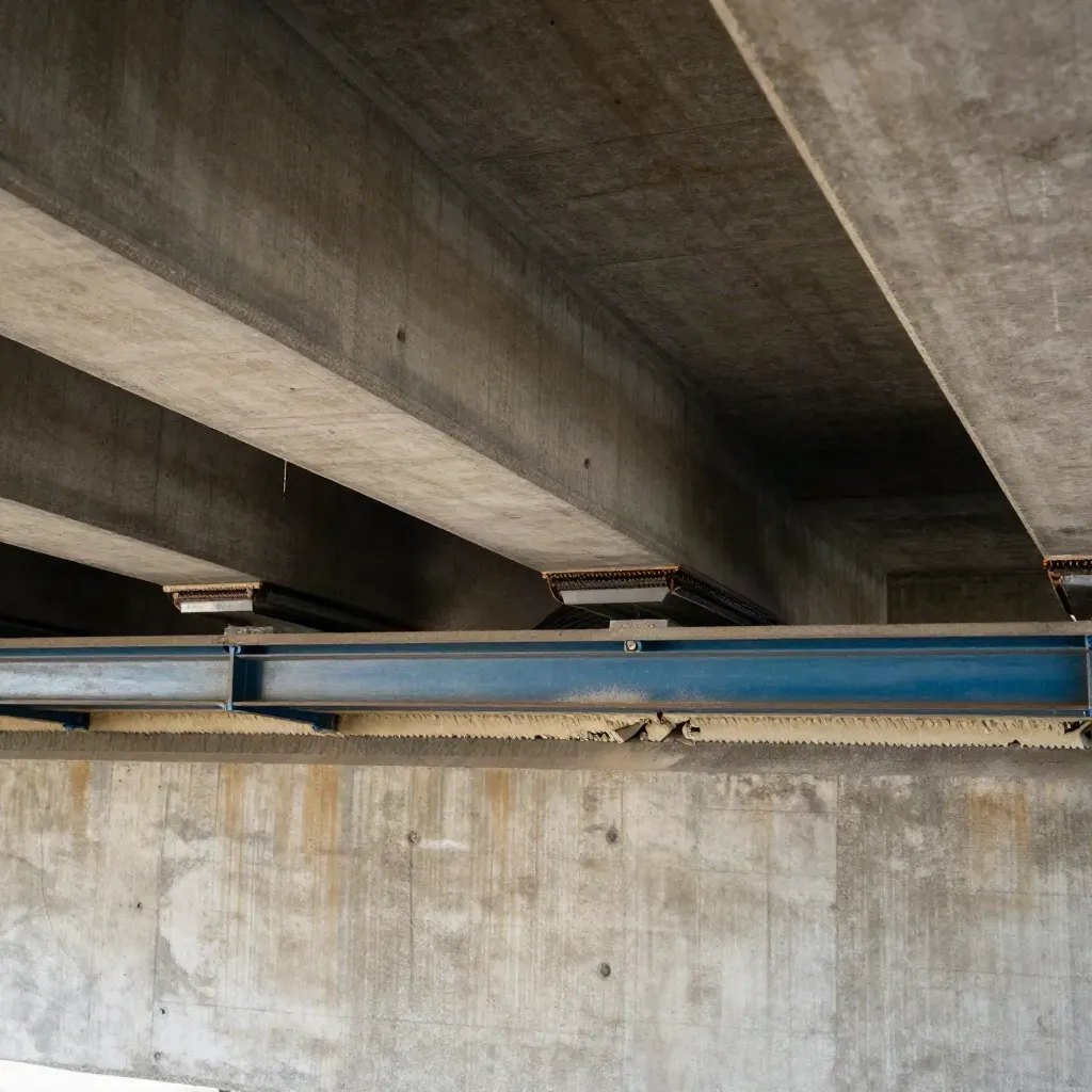 Sotto un ponte, travi prefabbricate, piattaforma sollevata, malta fresca e giunto di dilatazione.