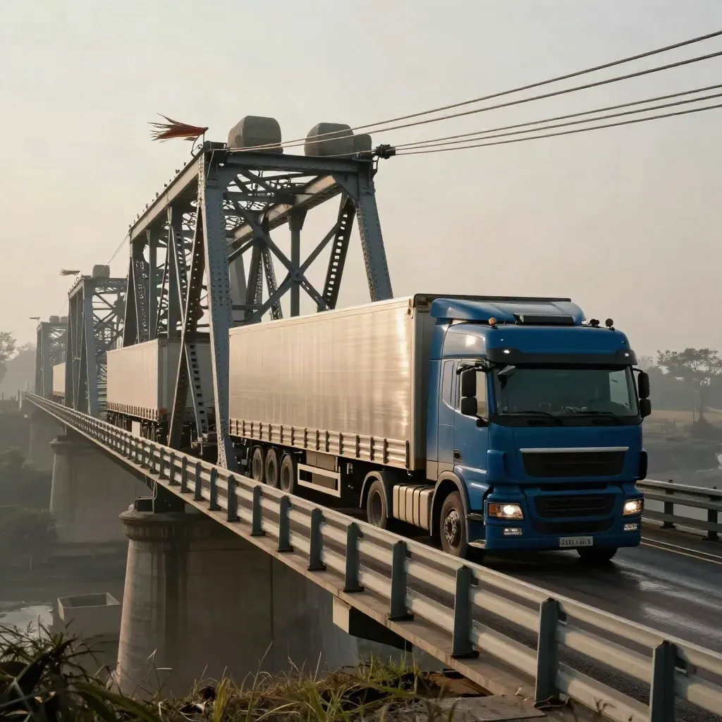 Autocarro articolato su un ponte d'acciaio durante una prova di carico, con maniche a vento e blocchi di calcestruzzo.
