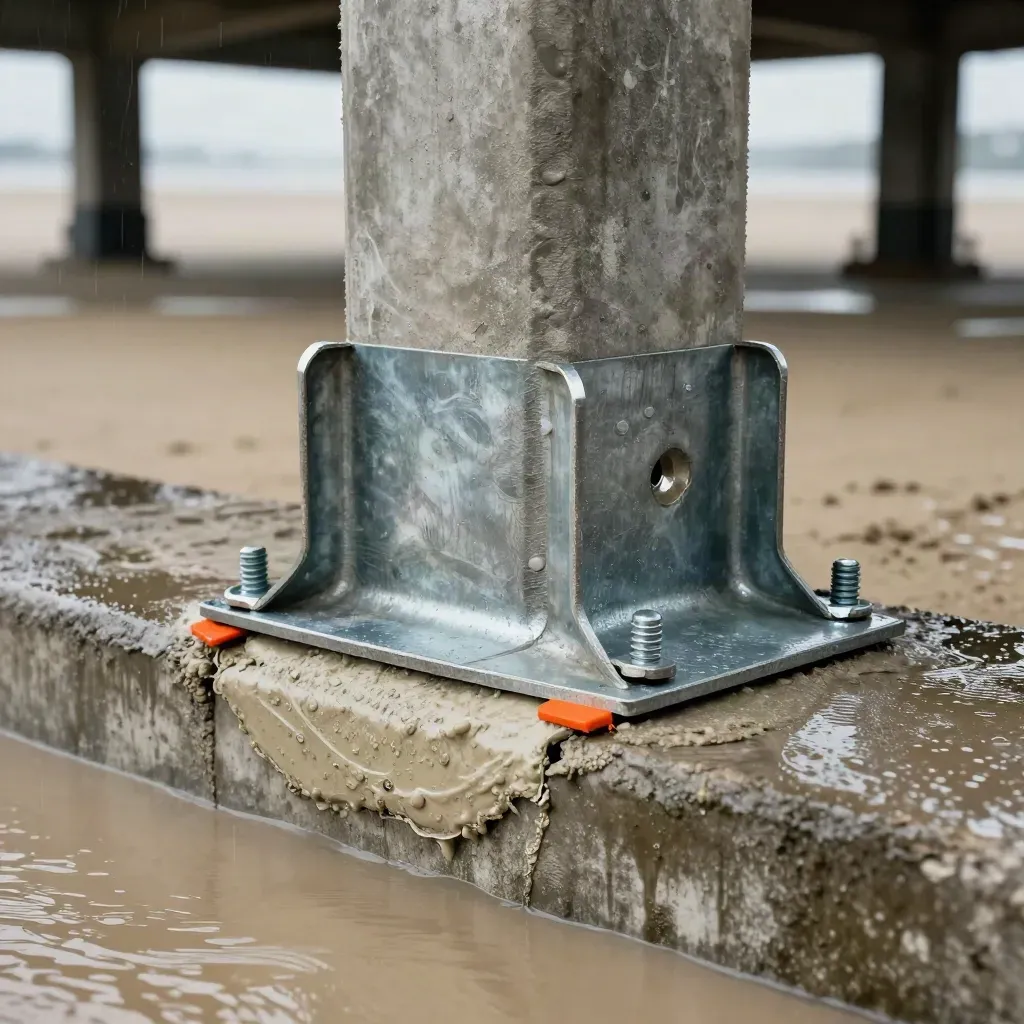 Base di ponte con piastre antisismiche, tiranti d’acciaio e malta fresca dopo la pioggia.