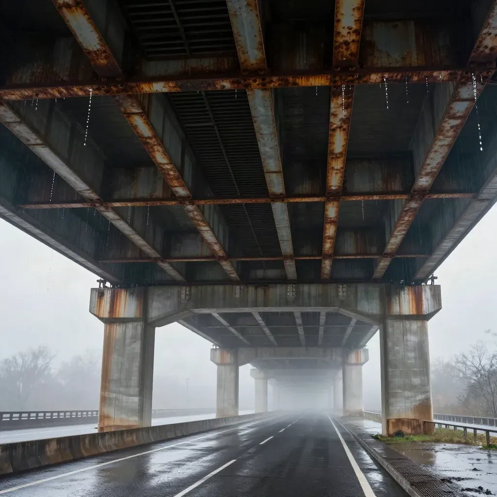 Sottoponte autostradale bagnato dalla pioggia, travi arrugginite e nebbia, vista dal basso.